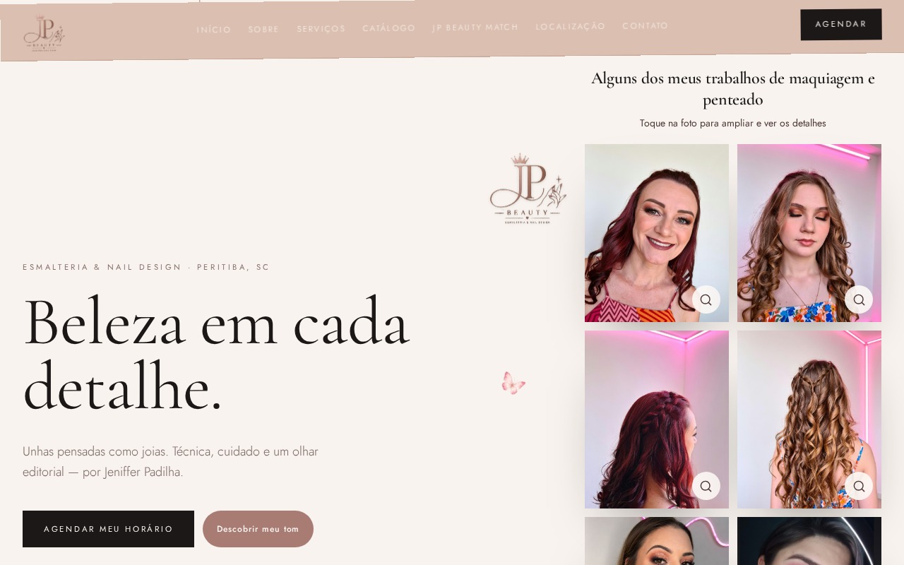 Captura real da apresentação e identidade visual do site JP Beauty Studio no computador