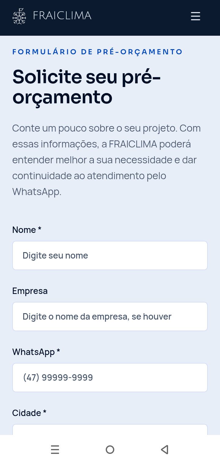 Captura real do formulário de pré-orçamento da Fraiclima no celular